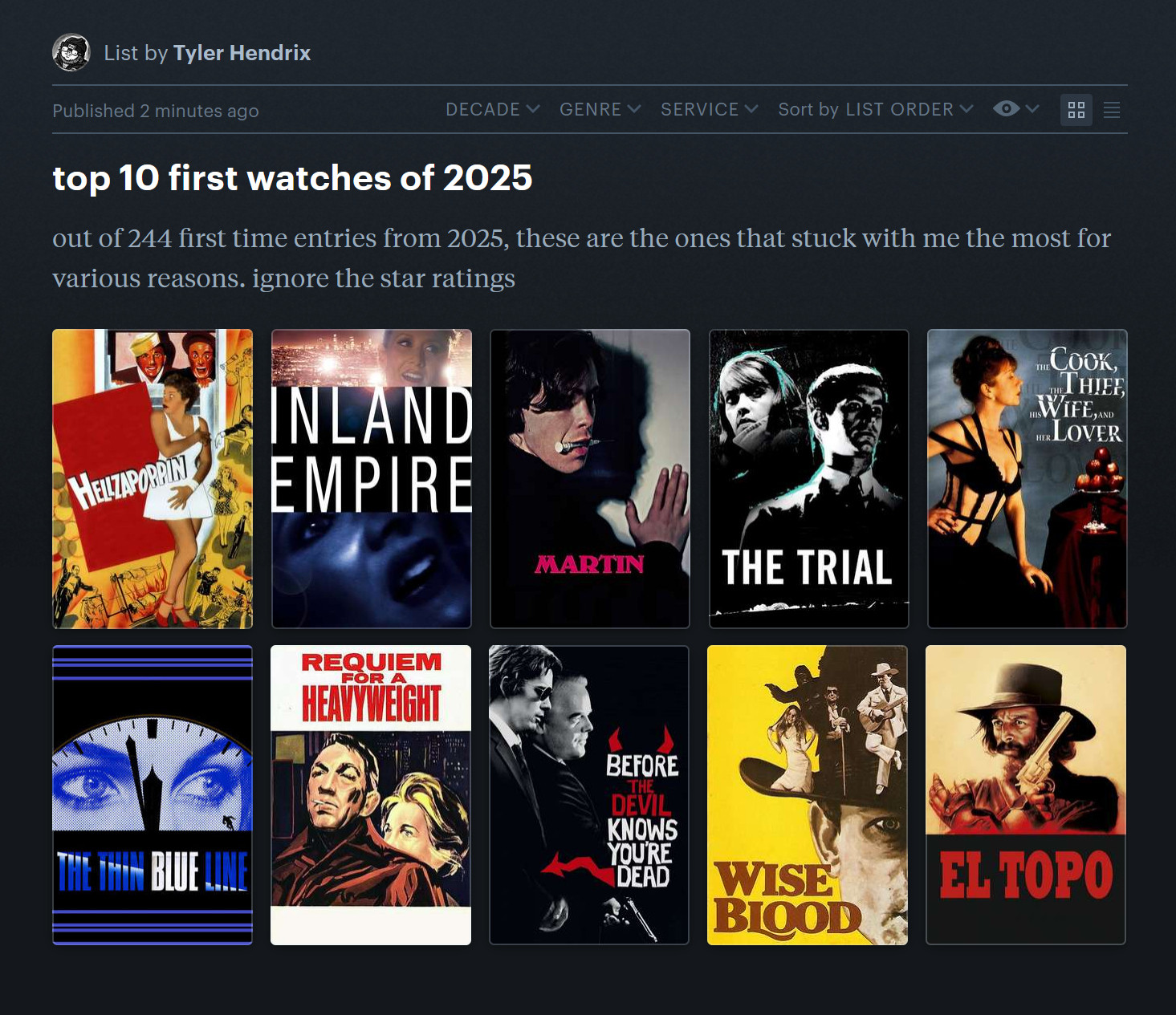 Screenshot of my Letterboxd list for the top 10 first watches of 2025